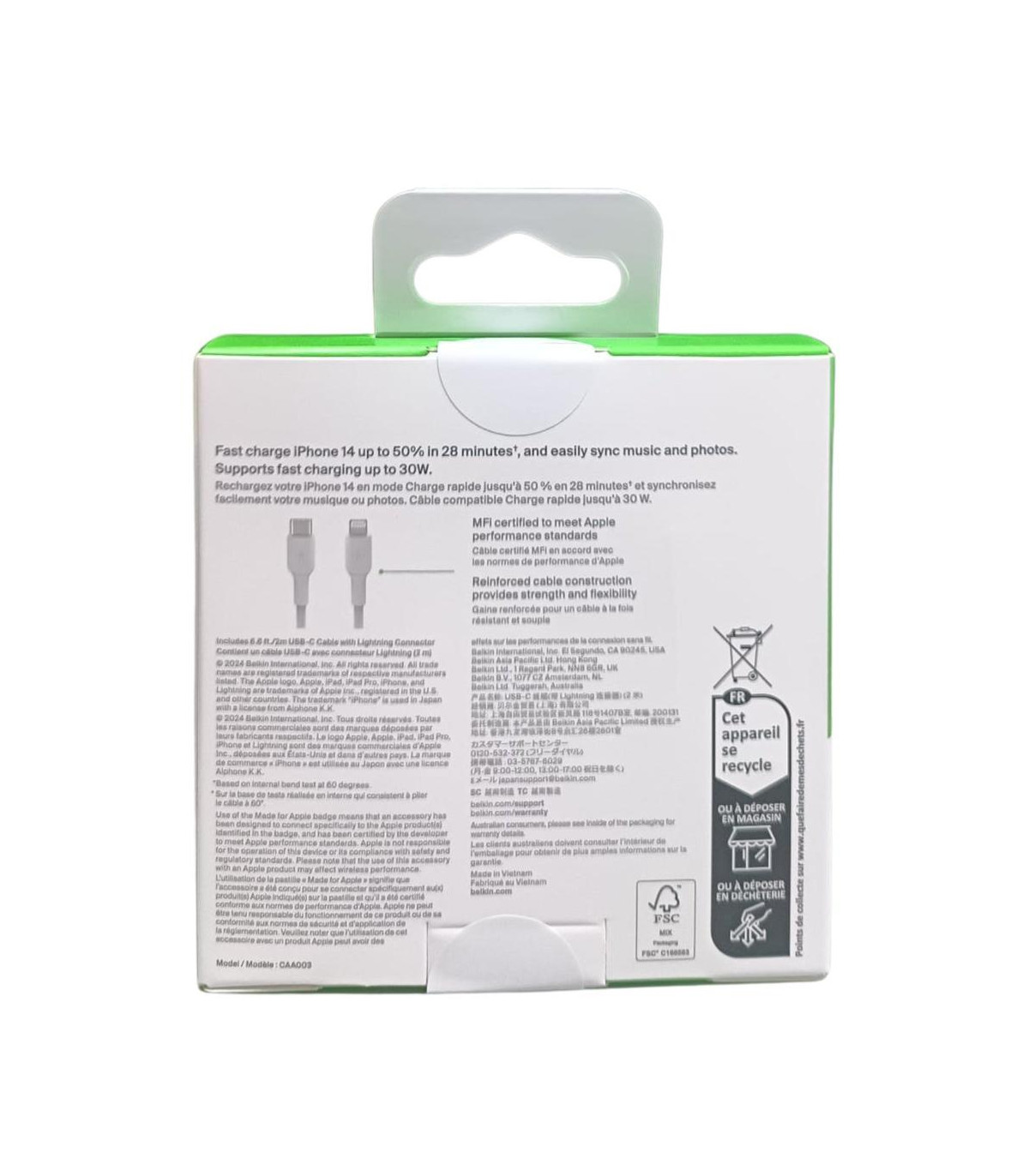 Cable lightning a usb tipo c belkin 2m -  macho - macho -  blanco -  trenzado