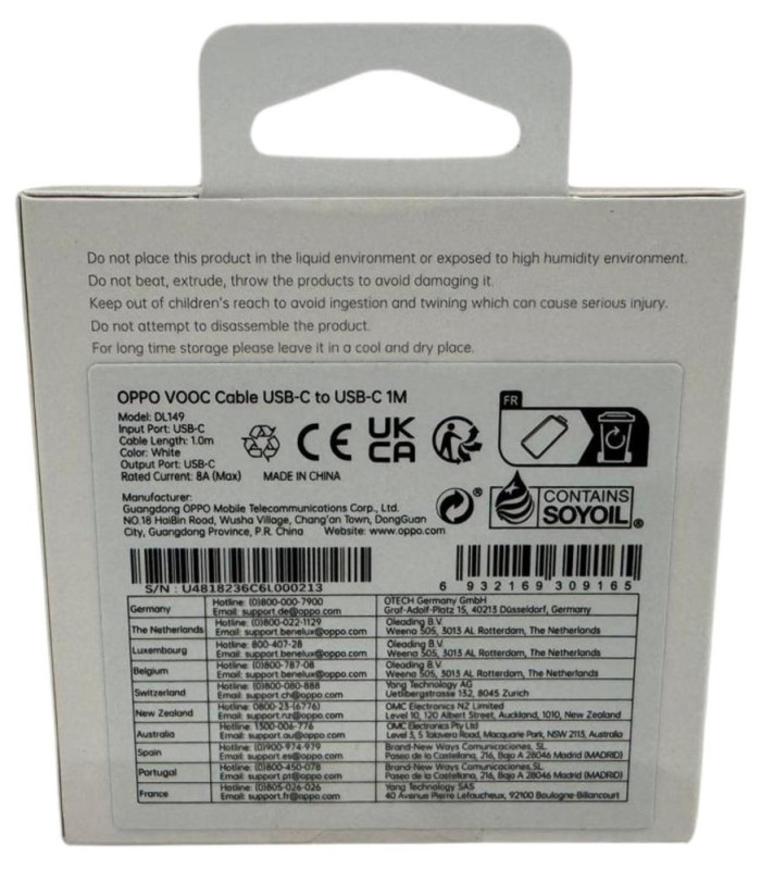 Cable usb tipo c oppo 1m -  macho - macho -  blanco