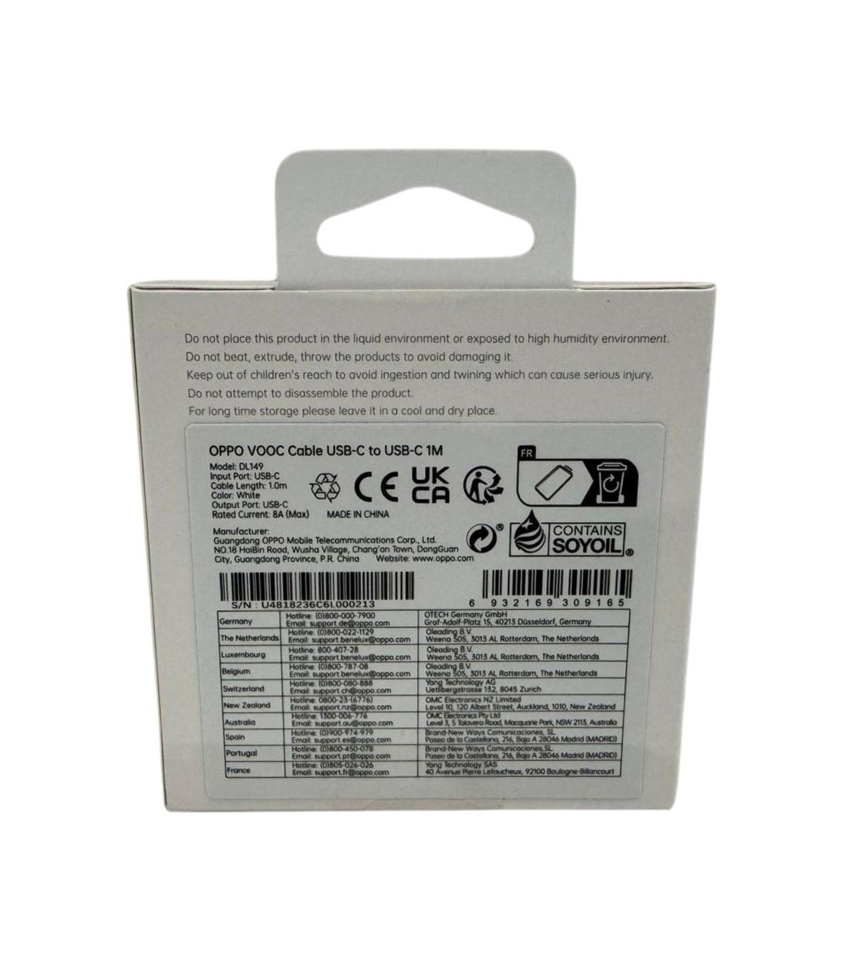 Cable usb tipo c oppo 1m -  macho - macho -  blanco