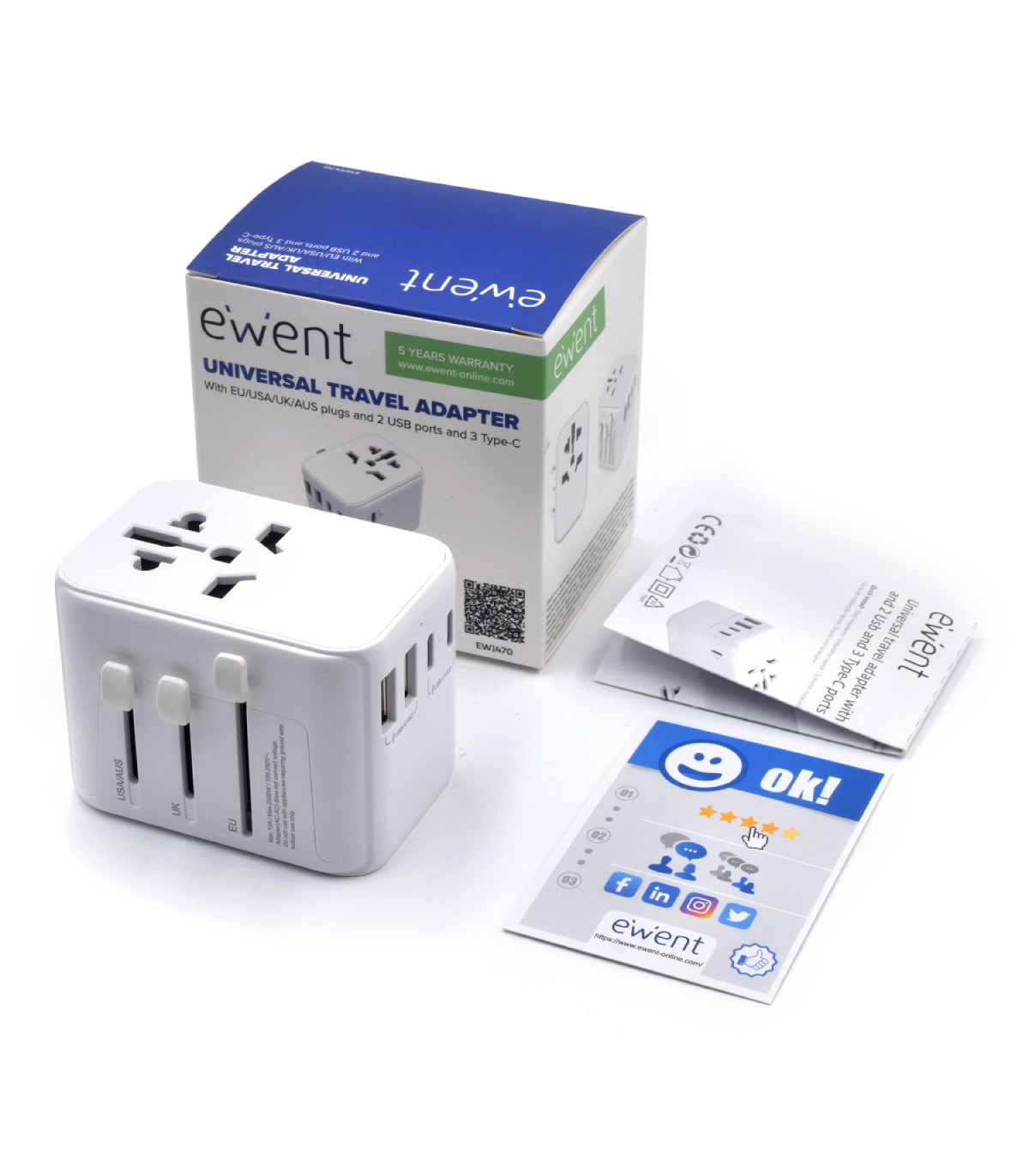 Enchufe universal ewent ew1470 eu - usa - uk - aus 2 x usb - 3 x usb tipo c