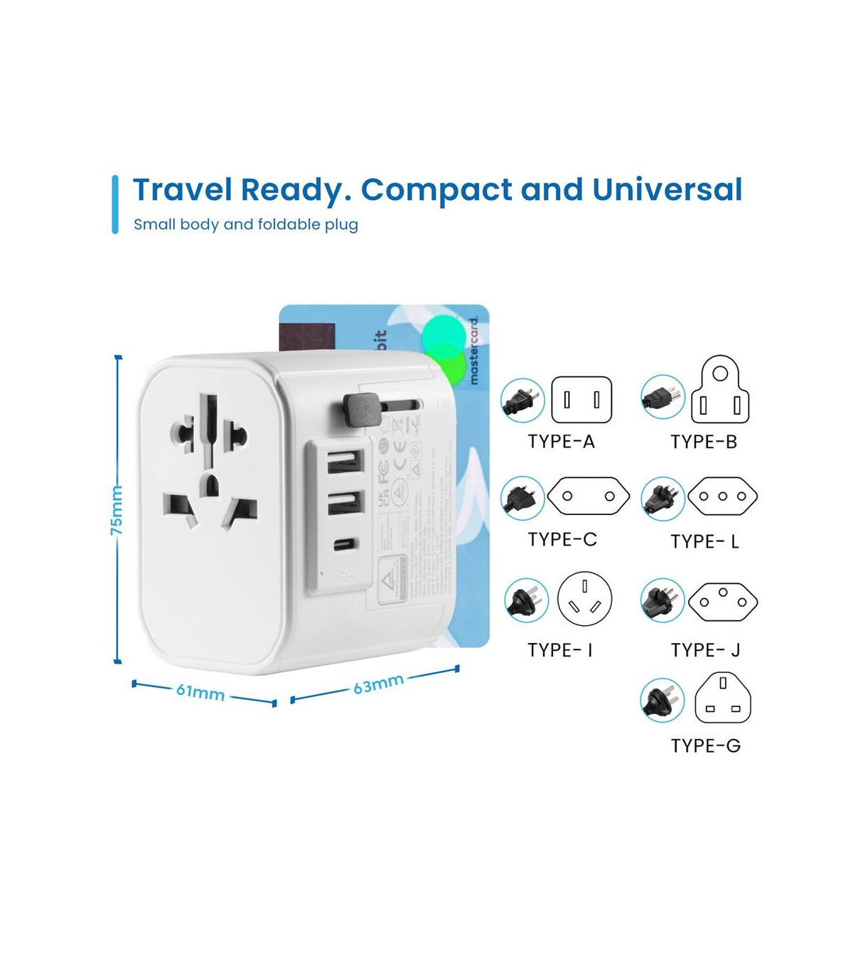 Enchufe universal viaje ewent ew1475 ue - usa - uk - aus - china 2 x usb - 1 x usb tipo c