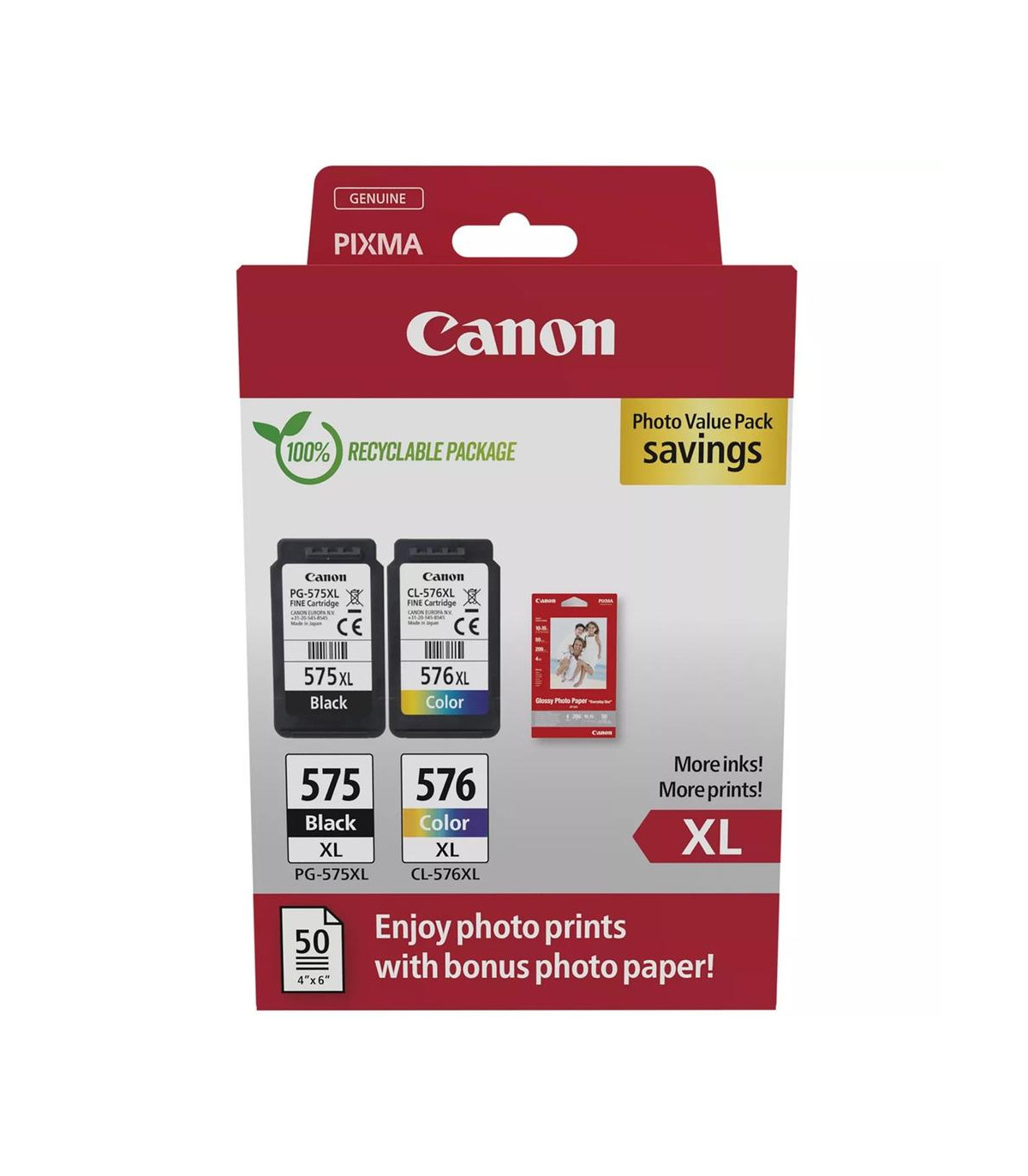 Multipack cartucho tinta canon pg 575xl + cl 576xl + papel fotografico
