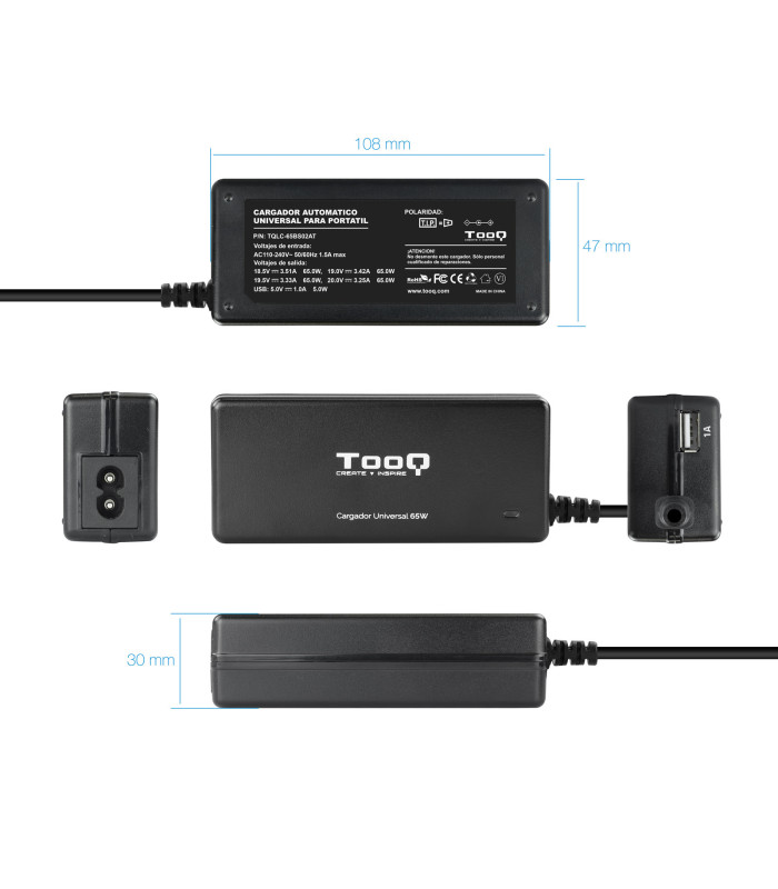 Cargador portatil universal tooq tqlc - 65bs02at 65w 1 x usb 8c negro