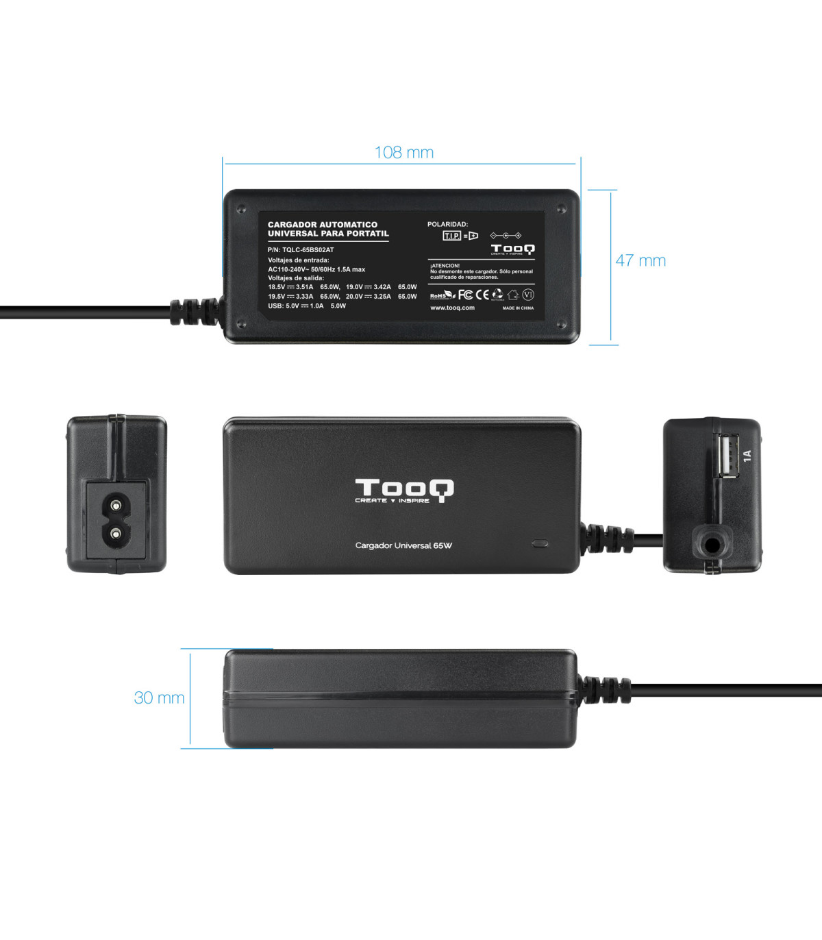 Cargador portatil universal tooq tqlc - 65bs02at 65w 1 x usb 8c negro