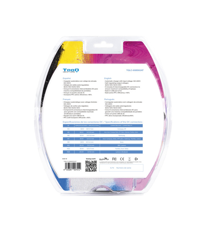 Cargador portatil universal tooq tqlc - 65bs02at 65w 1 x usb 8c negro