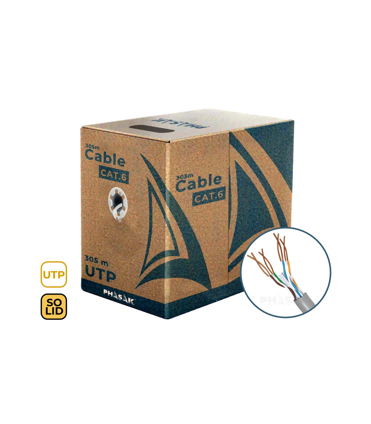 Bobina cable red solido phasak utp cat.6 awg23 cca 305m gris