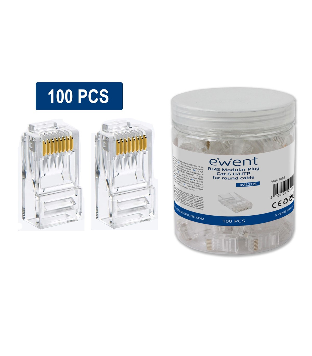 Conector rj45 ewent im1205 cat.6 u - utp para cable redondo 100 unidades
