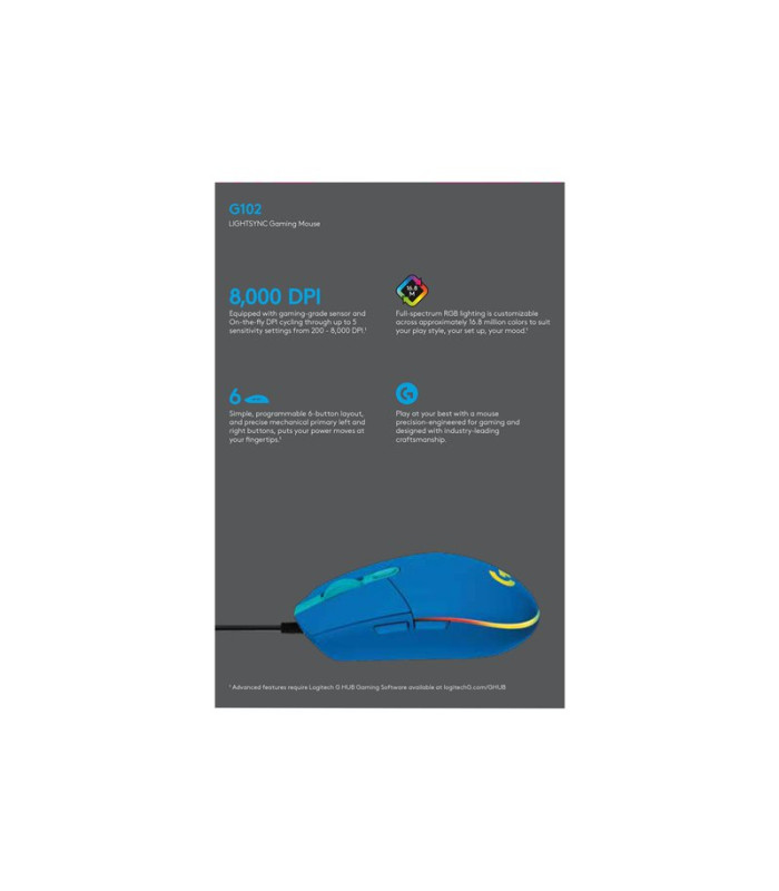 Mouse raton logitech g102 lightsync azul gaming 8.000 dpi 6 botones