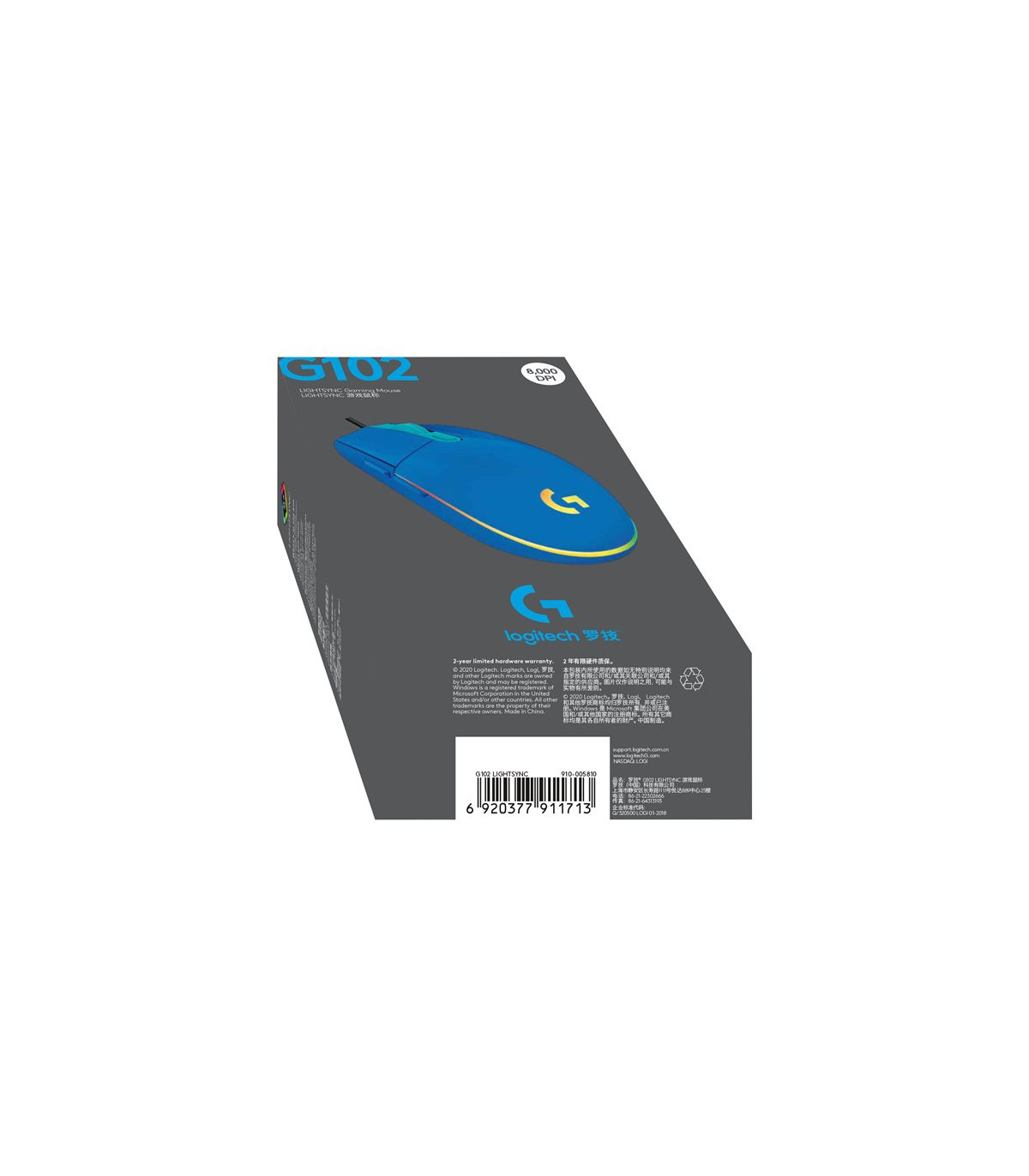 Mouse raton logitech g102 lightsync azul gaming 8.000 dpi 6 botones