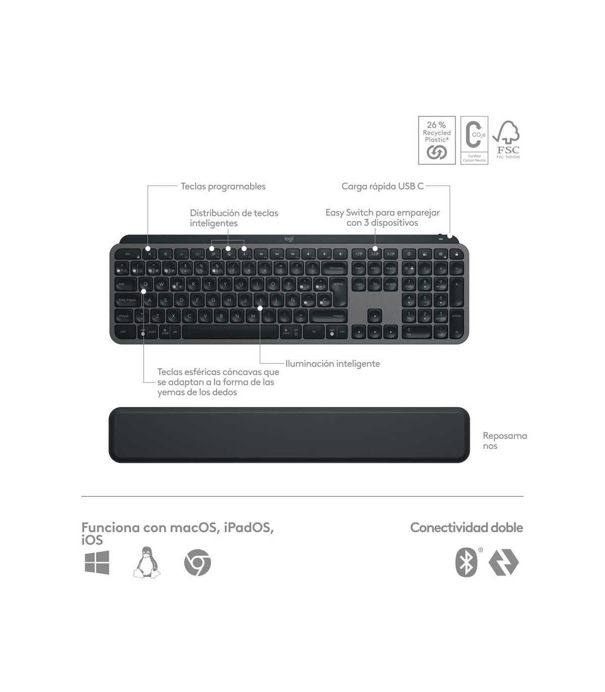 Teclado + raton logitech mx keys s combo inalambrico grafito español