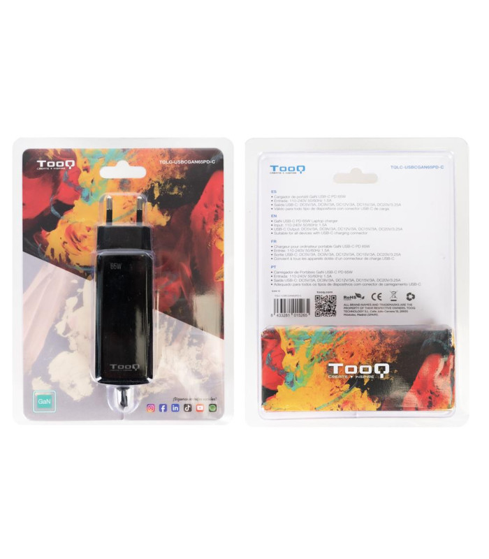 Cargador de pared tooq tqlc - usbcgan65pd - c 65w usb tipo c negro