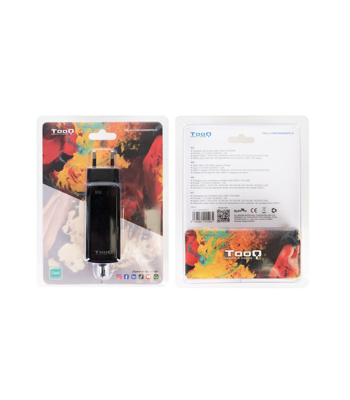 Cargador de pared tooq tqlc - usbcgan65pd - c 65w usb tipo c negro