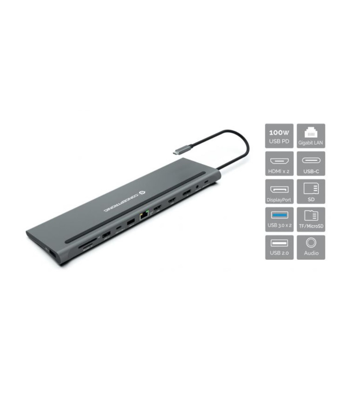 Docking station conceptronic  usb tipo c donn17g 2 x hdmi -  1 x dp -  2 x usb 3.0 -  1 x usb 2.0 -  1 x rj45 -  1 x aux -  lect