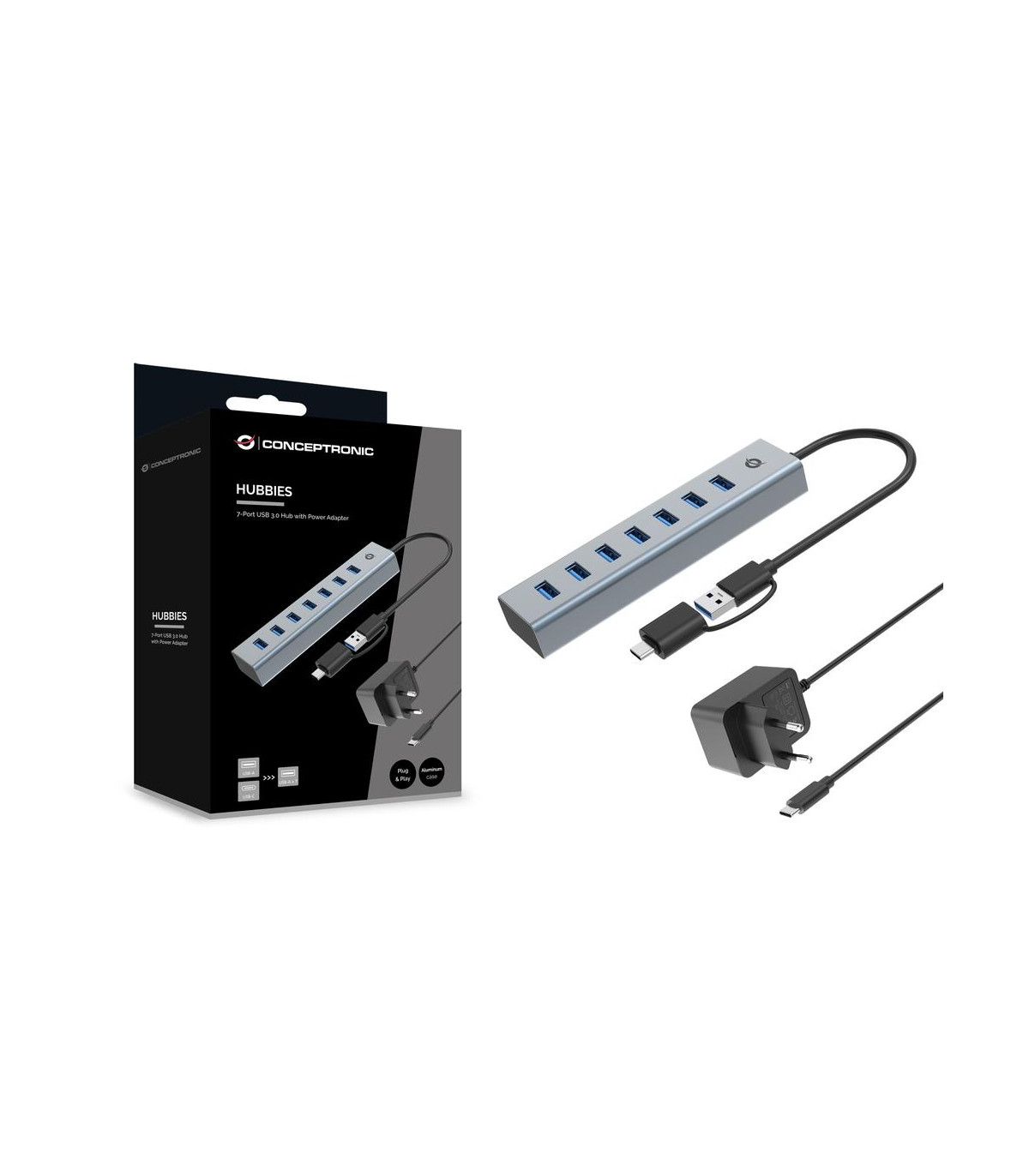 Hub usb 3.0 conceptronic hubbies21gp 7 puertos usb - c a 7xusb - a con alimentador
