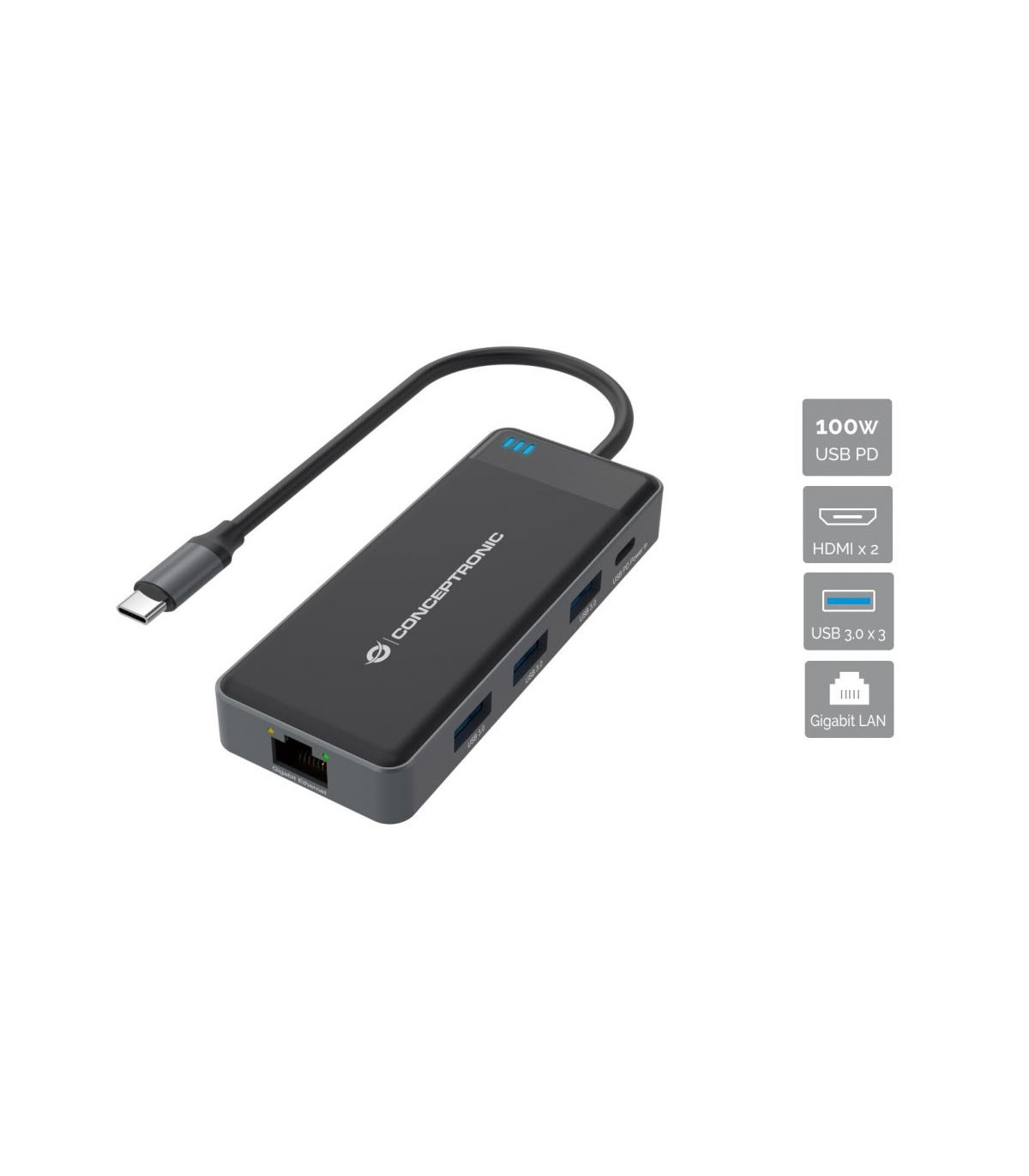 Adaptador conceptronic usb tipo c a gigabit ethernet rj45 -  con hub usb 3.2 3 puertos -  usb tipo c