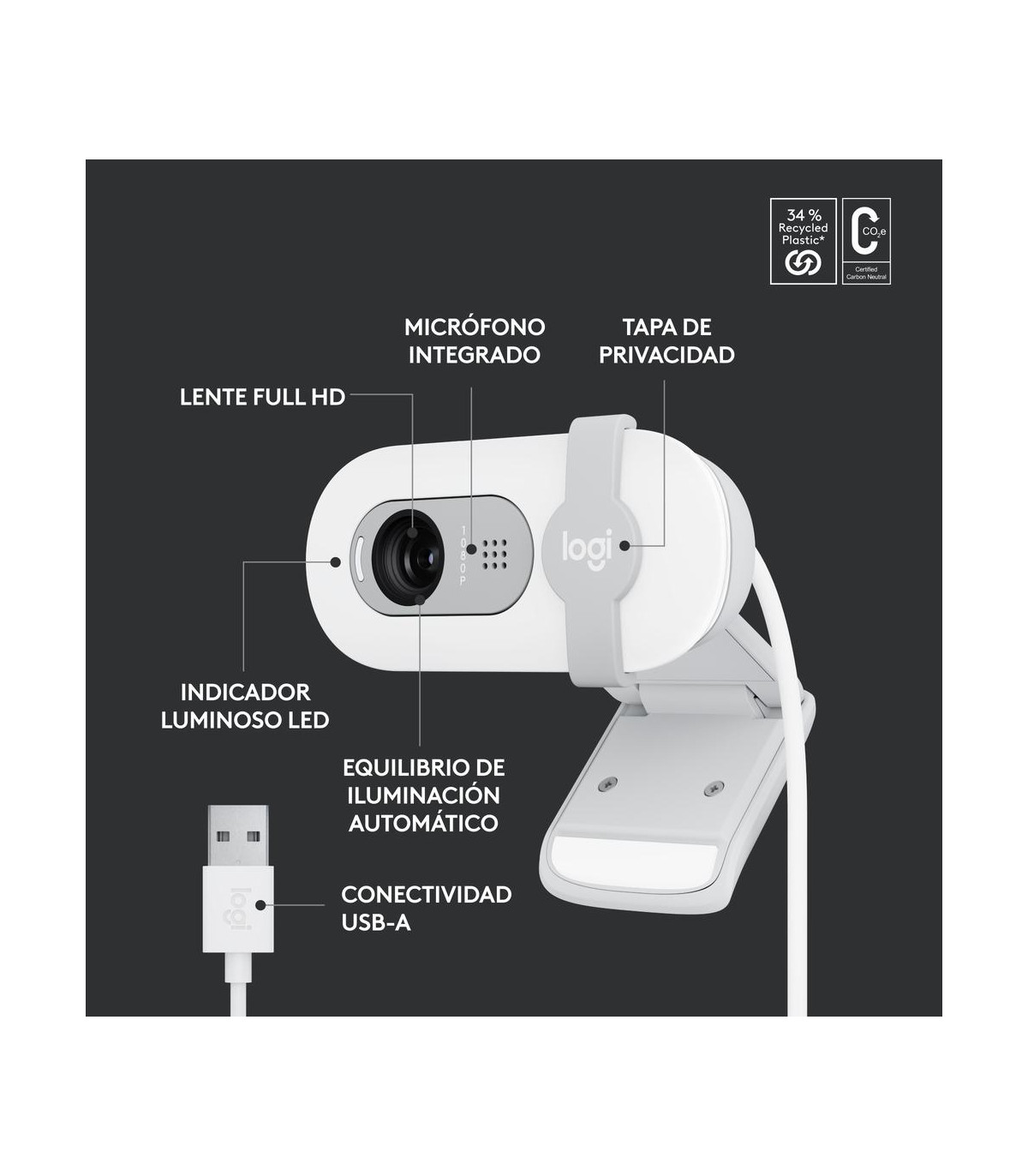 Webcam logitech brio 100 blanco full hd -  usb