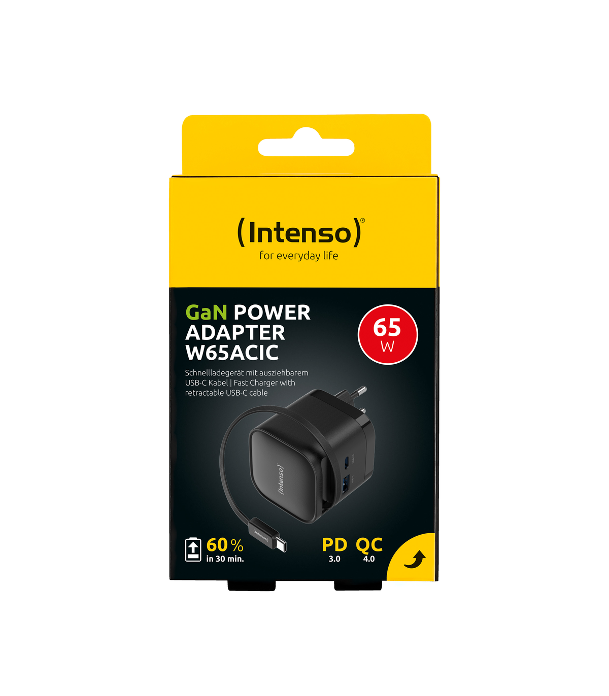 Cargador de pared intenso 65w gan w65acic retractil negro