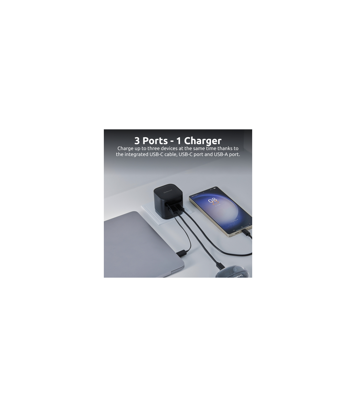 Cargador de pared intenso 65w gan w65acic retractil negro