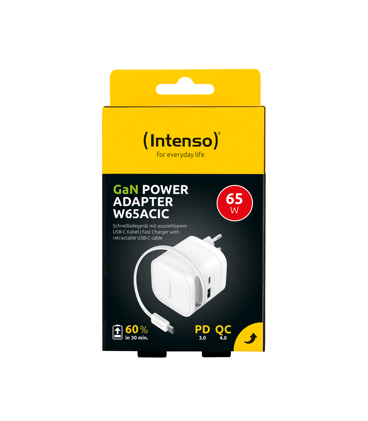 Cargador de pared intenso 65w gan w65acic retractil blanco