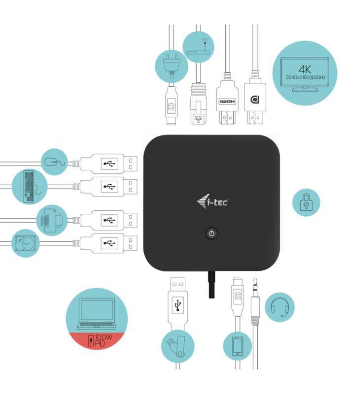 Docking station con adaptador de corriente universal i - tec usb - c hdmi dp con  de corriente 100 w