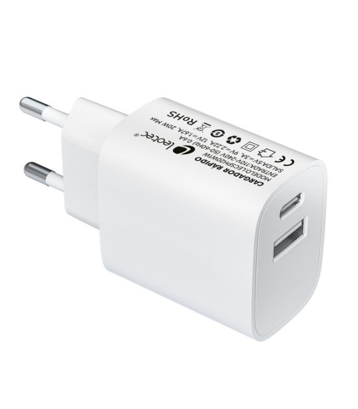 Cargador carga rapida 20w leotec 1 usb tipo - c pd 1 usb - a blanco