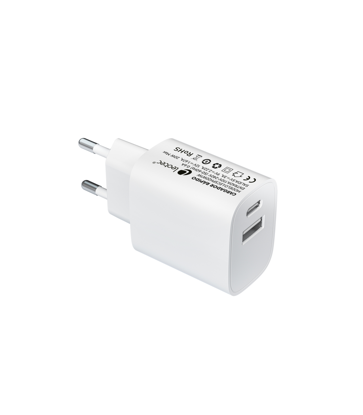 Cargador carga rapida 20w leotec 1 usb tipo - c pd 1 usb - a blanco