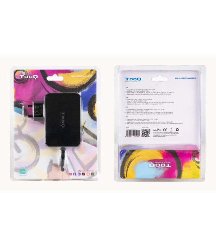 Cargador de pared tooq tqlc - usbcgan100pd 100w usb tipo c negro