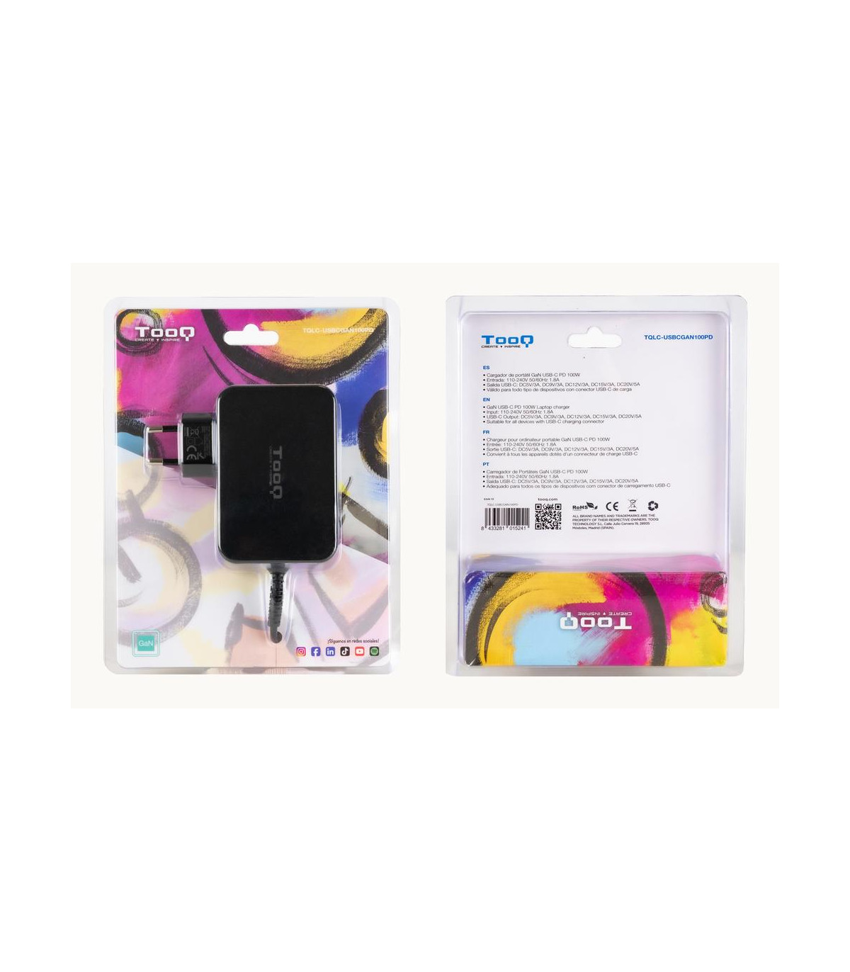 Cargador de pared tooq tqlc - usbcgan100pd 100w usb tipo c negro