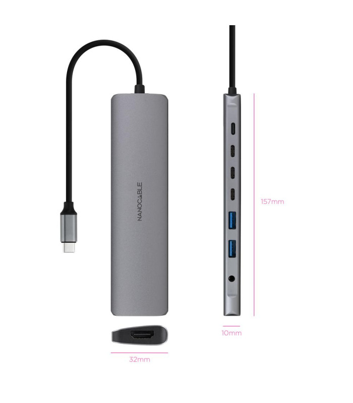 Hub nanocable usb - c 8 en 1 conversor usb - c 3.1 a 2xusb - a 3.0 + 3xusb - c 3.0 + usb - c pd + hdmi 4k@60hz + audio jack 3.5 