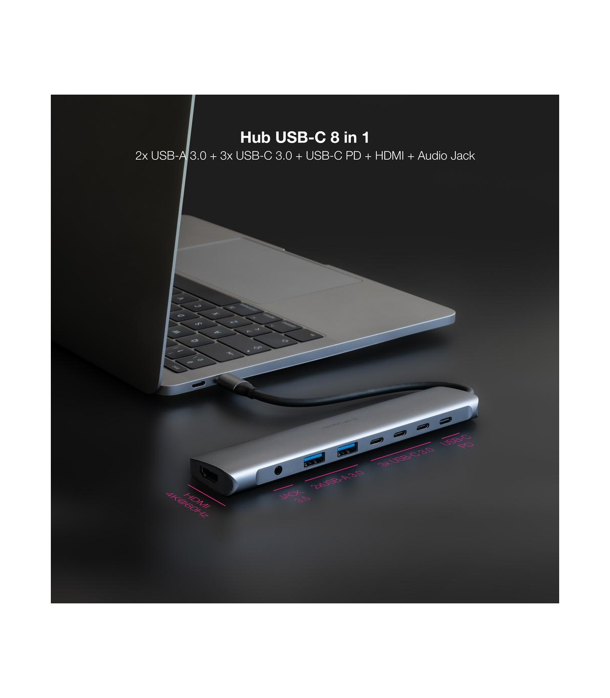 Hub nanocable usb - c 8 en 1 conversor usb - c 3.1 a 2xusb - a 3.0 + 3xusb - c 3.0 + usb - c pd + hdmi 4k@60hz + audio jack 3.5 