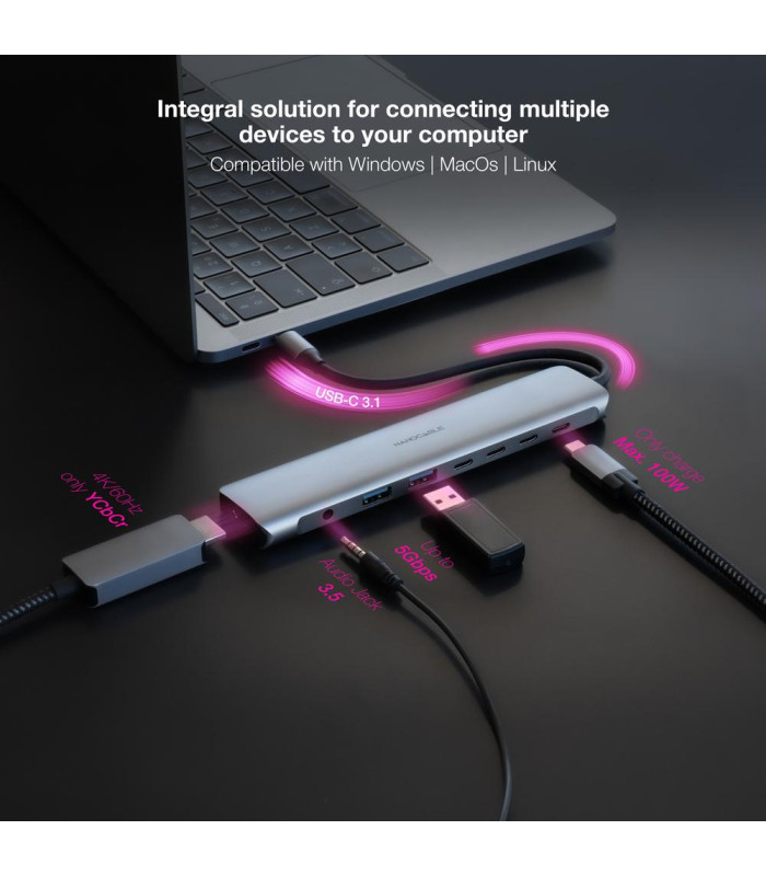 Hub nanocable usb - c 8 en 1 conversor usb - c 3.1 a 2xusb - a 3.0 + 3xusb - c 3.0 + usb - c pd + hdmi 4k@60hz + audio jack 3.5 