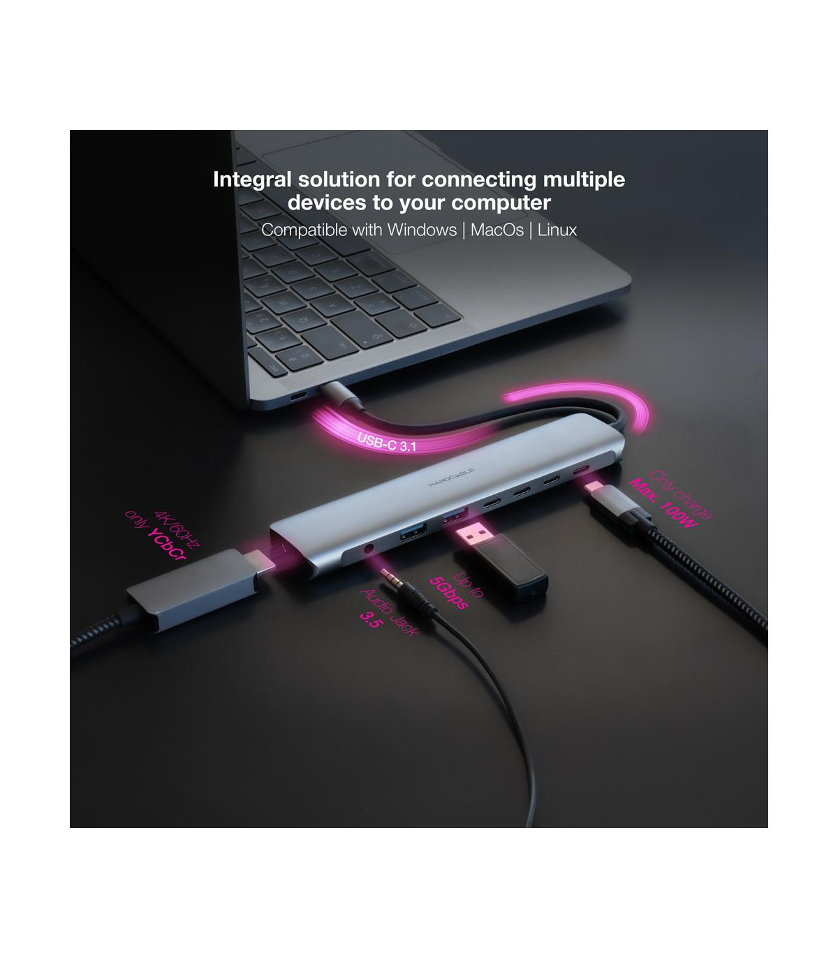 Hub nanocable usb - c 8 en 1 conversor usb - c 3.1 a 2xusb - a 3.0 + 3xusb - c 3.0 + usb - c pd + hdmi 4k@60hz + audio jack 3.5 