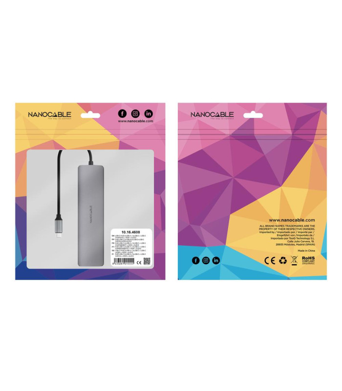 Hub nanocable usb - c 8 en 1 conversor usb - c 3.1 a 2xusb - a 3.0 + 3xusb - c 3.0 + usb - c pd + hdmi 4k@60hz + audio jack 3.5 