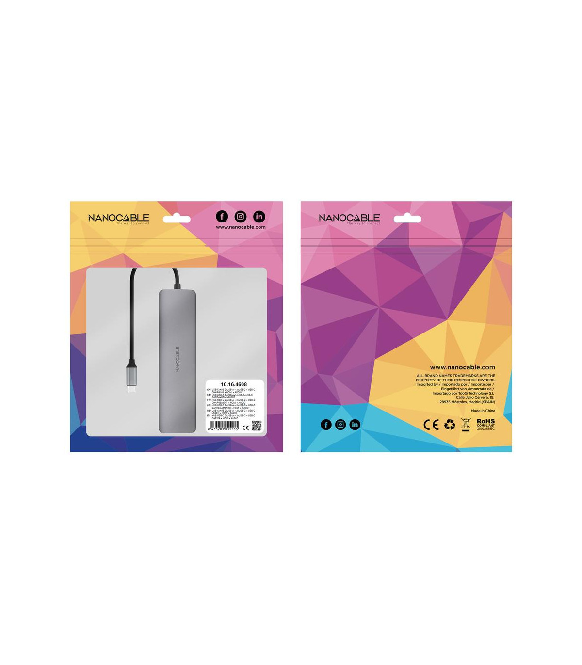 Hub nanocable usb - c 8 en 1 conversor usb - c 3.1 a 2xusb - a 3.0 + 3xusb - c 3.0 + usb - c pd + hdmi 4k@60hz + audio jack 3.5 