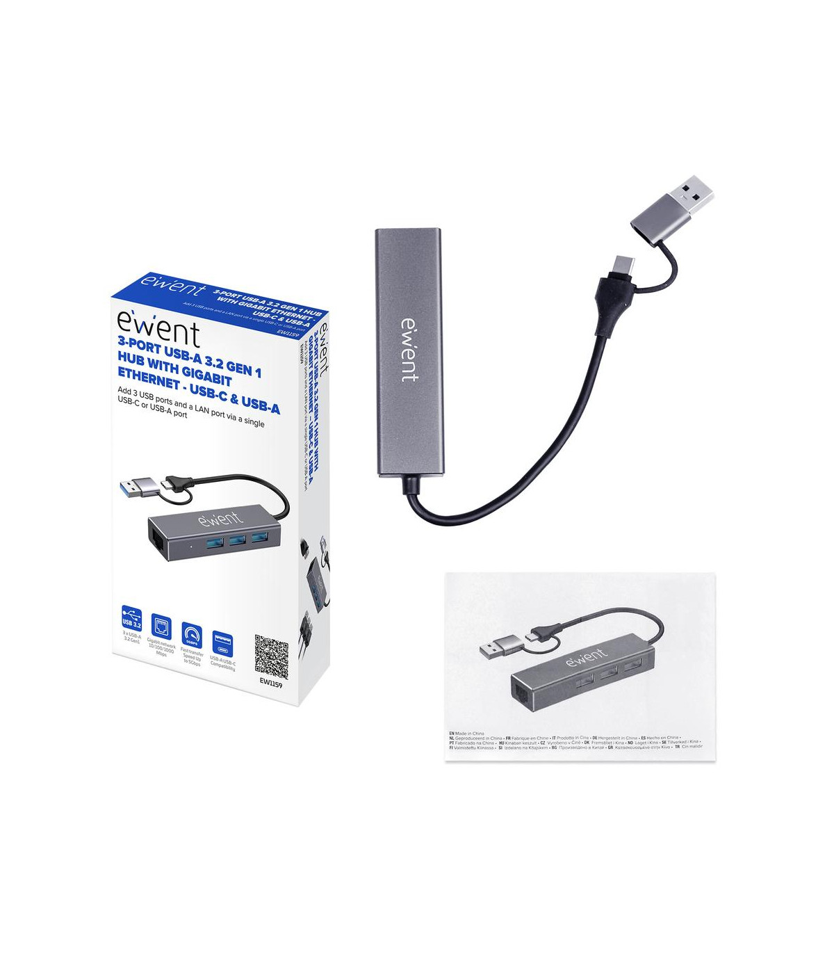 Hub ewent ew1159 usb tipo c - usb 3.2 4 en 1
