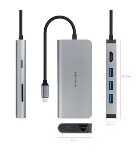 Hub nanocable usb - c 8 en 1 conversor usb - c 3.1 a 3xusb - a 3.0 + hdmi 4k@60hz + usb - c pd + rj45 1gbps + tf + sd aluminio g