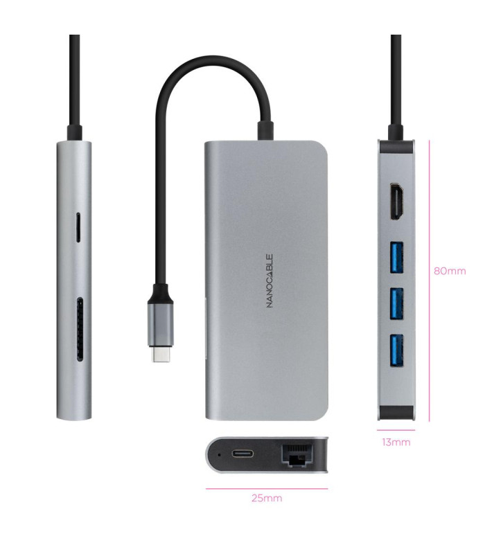 Hub nanocable usb - c 8 en 1 conversor usb - c 3.1 a 3xusb - a 3.0 + hdmi 4k@60hz + usb - c pd + rj45 1gbps + tf + sd aluminio g