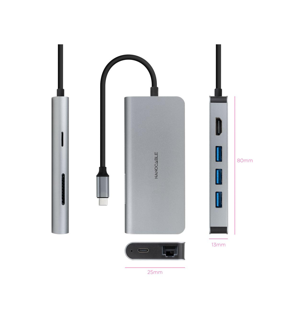 Hub nanocable usb - c 8 en 1 conversor usb - c 3.1 a 3xusb - a 3.0 + hdmi 4k@60hz + usb - c pd + rj45 1gbps + tf + sd aluminio g