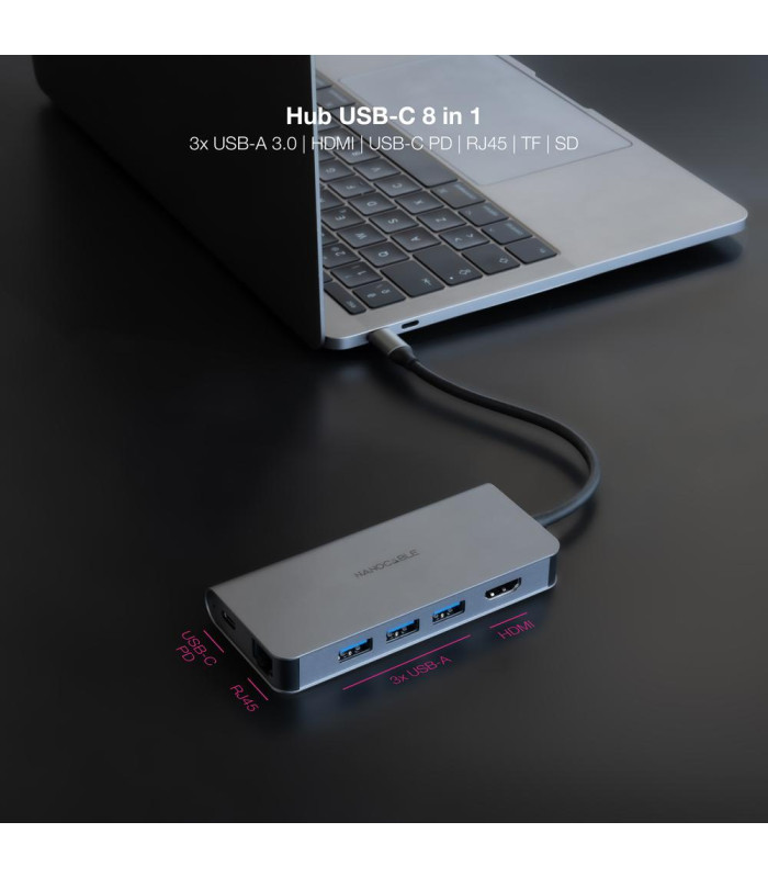 Hub nanocable usb - c 8 en 1 conversor usb - c 3.1 a 3xusb - a 3.0 + hdmi 4k@60hz + usb - c pd + rj45 1gbps + tf + sd aluminio g