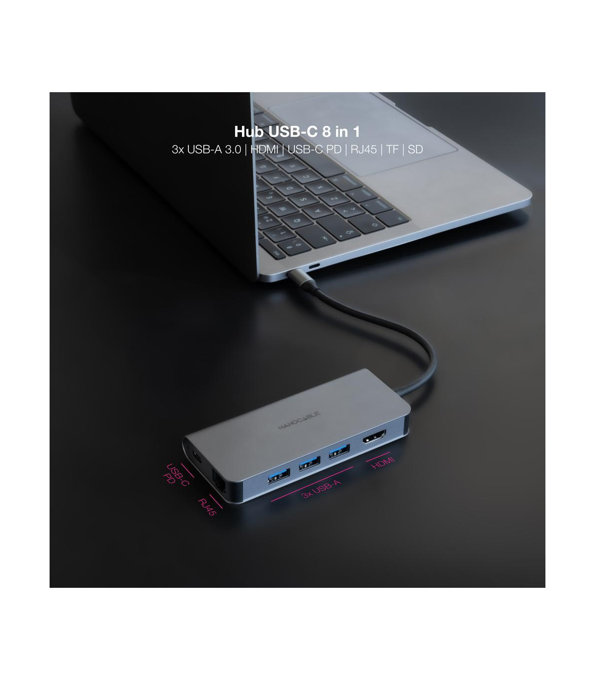 Hub nanocable usb - c 8 en 1 conversor usb - c 3.1 a 3xusb - a 3.0 + hdmi 4k@60hz + usb - c pd + rj45 1gbps + tf + sd aluminio g
