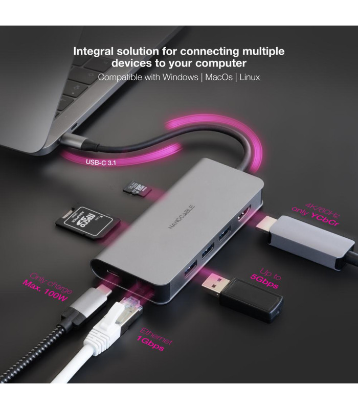 Hub nanocable usb - c 8 en 1 conversor usb - c 3.1 a 3xusb - a 3.0 + hdmi 4k@60hz + usb - c pd + rj45 1gbps + tf + sd aluminio g