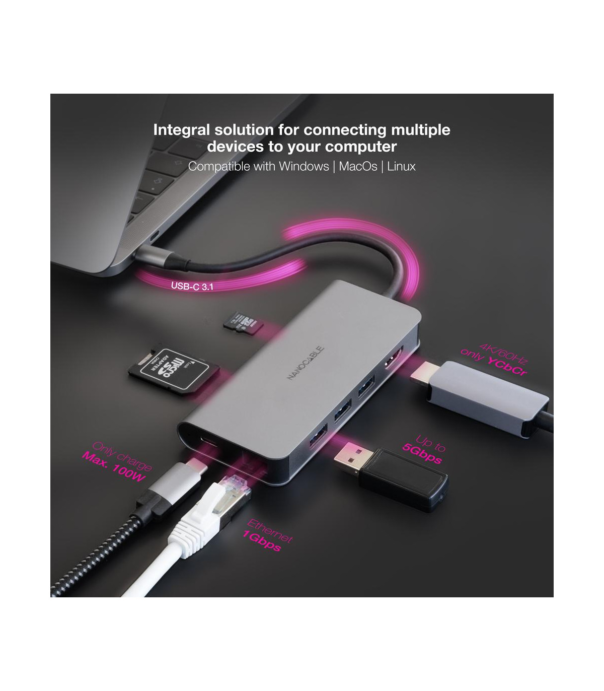 Hub nanocable usb - c 8 en 1 conversor usb - c 3.1 a 3xusb - a 3.0 + hdmi 4k@60hz + usb - c pd + rj45 1gbps + tf + sd aluminio g
