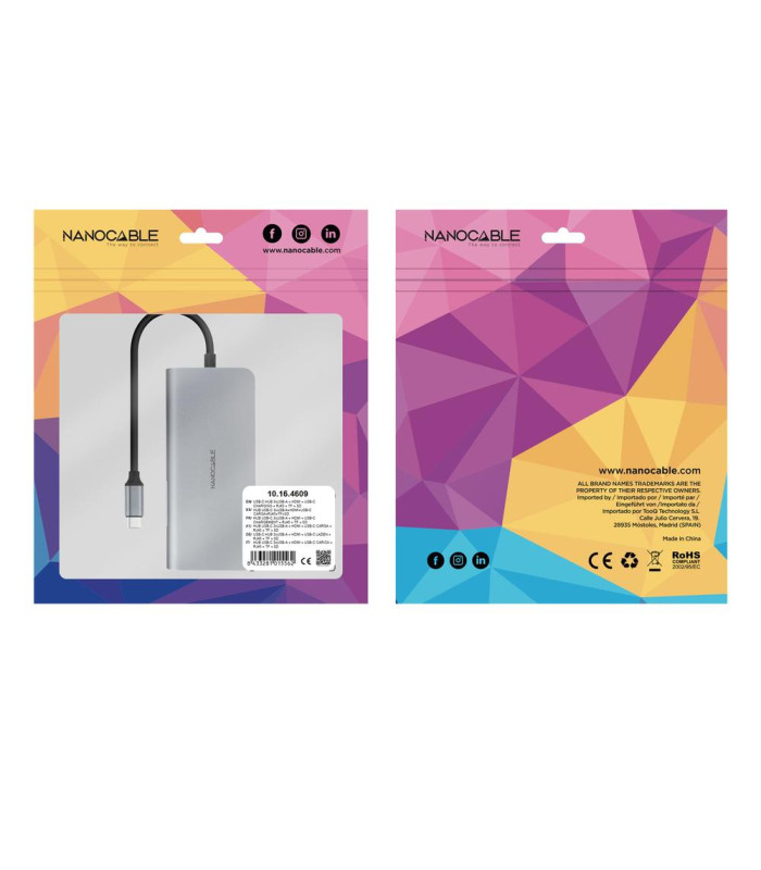 Hub nanocable usb - c 8 en 1 conversor usb - c 3.1 a 3xusb - a 3.0 + hdmi 4k@60hz + usb - c pd + rj45 1gbps + tf + sd aluminio g