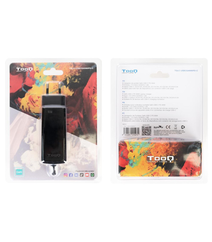 Cargador de pared tooq tqlc - usbcgan90pd - c 90w usb - c negro portatil