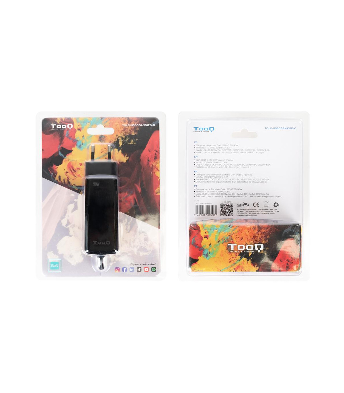 Cargador de pared tooq tqlc - usbcgan90pd - c 90w usb - c negro portatil