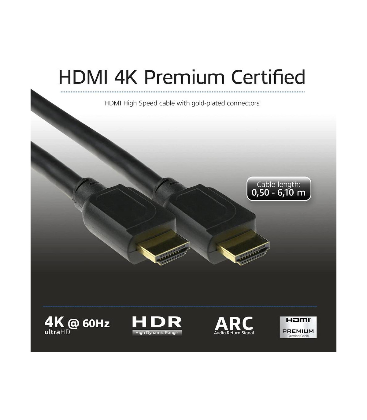Cable hdmi 4k uhd act connectivity 1.5m -  macho - macho -  high speed premium certificado v2.0 negro