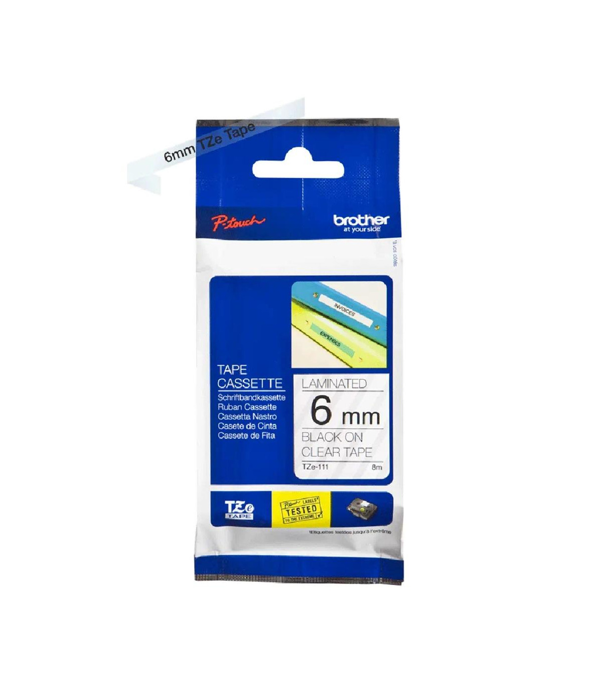 Cinta laminada brother tze111 8mm x 6mm transparente - negro