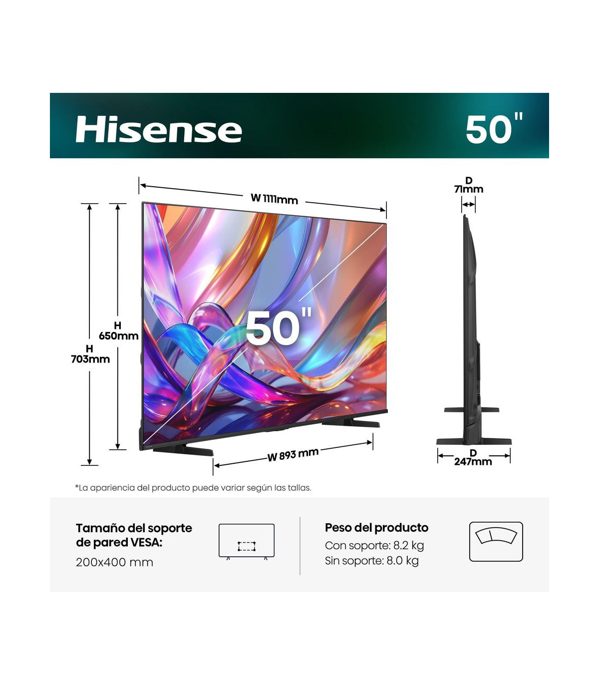 Tv hisense 50 pulgadas qled 4k uhd - 50e7s - smart tv