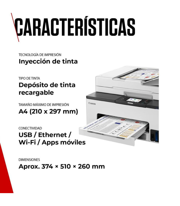 Multifunción inyección canon maxify gx2051 megatank color fax -  a4 -  red -  wifi -  adf -  3 botellas negro