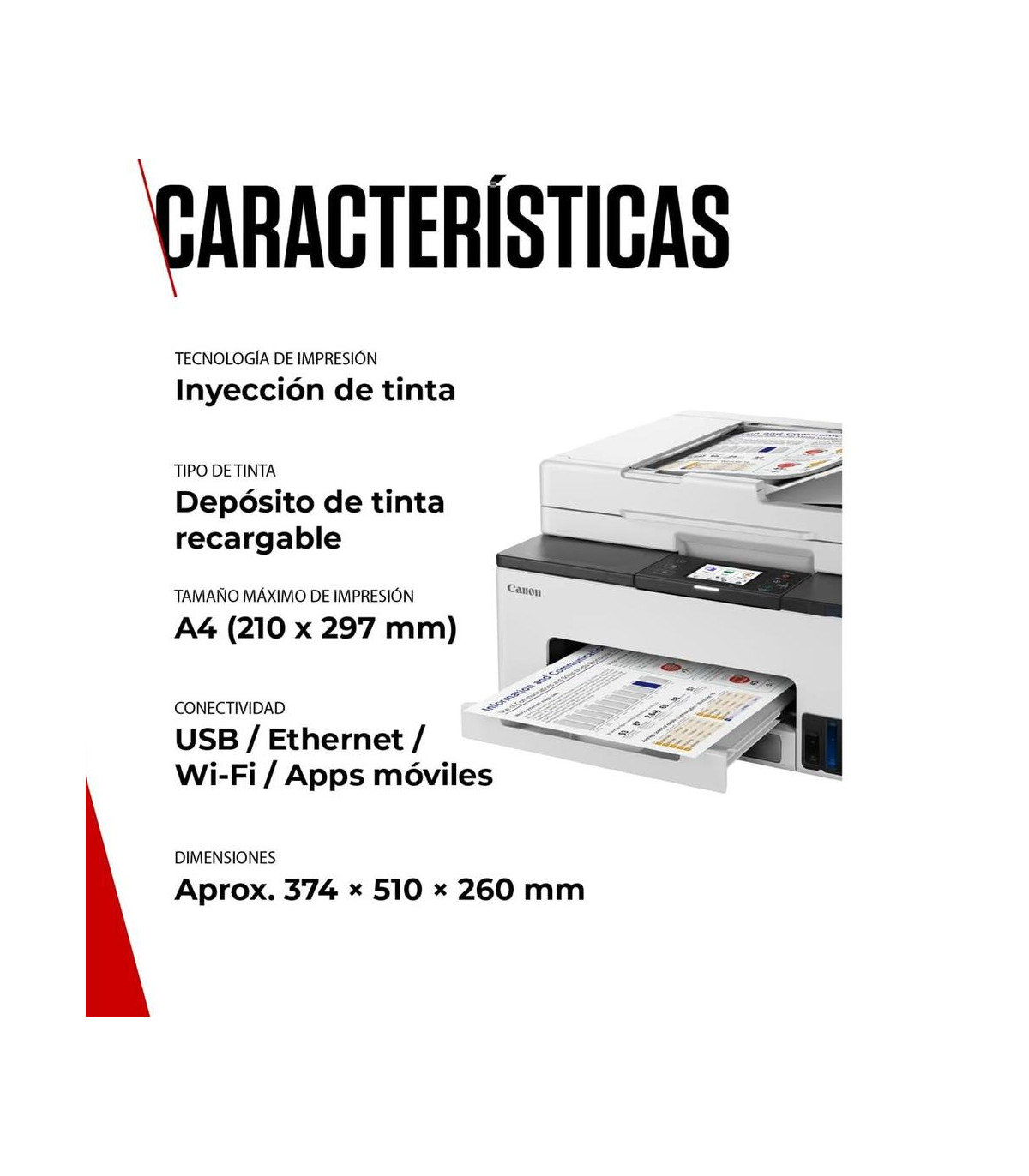 Multifunción inyección canon maxify gx2051 megatank color fax -  a4 -  red -  wifi -  adf -  3 botellas negro